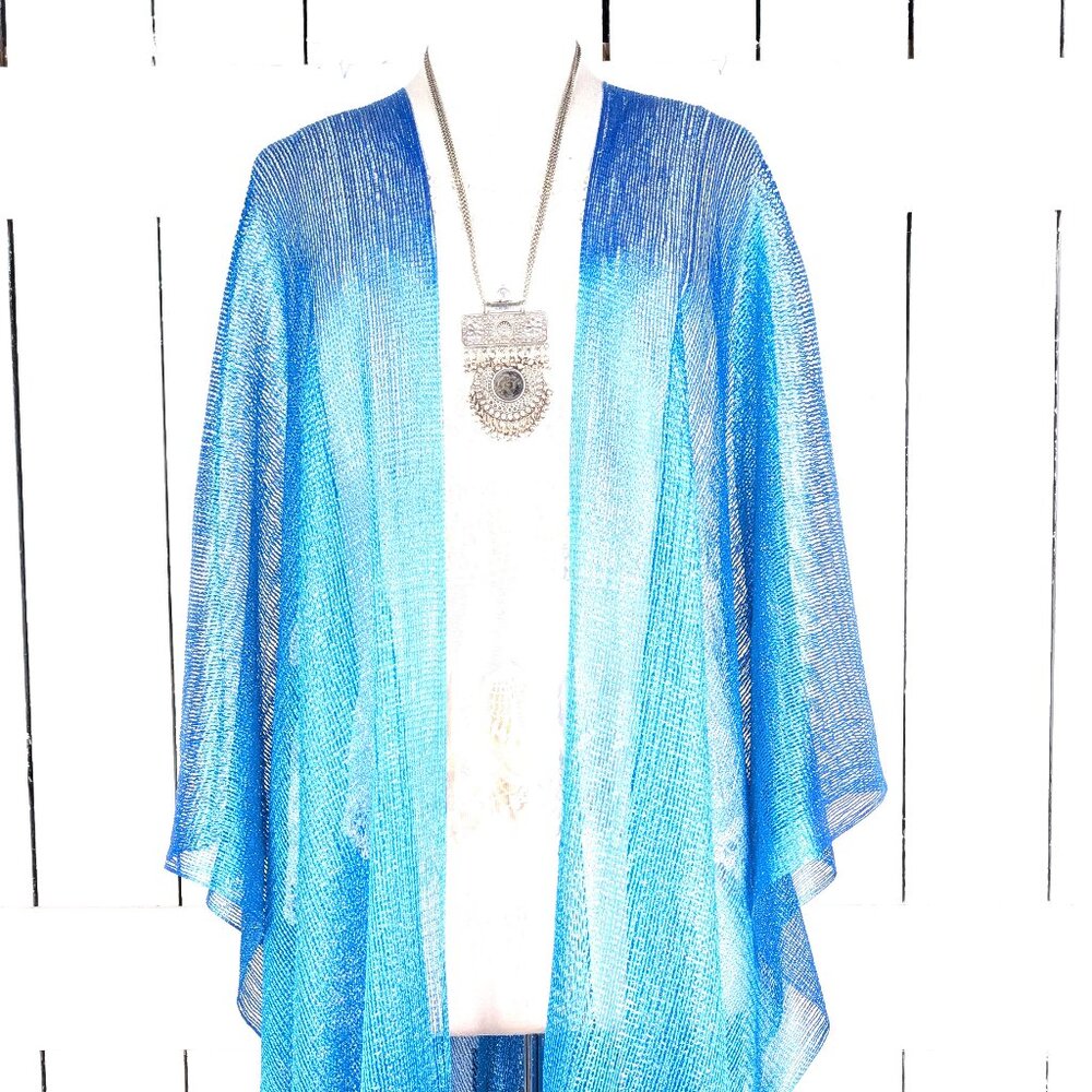 Light blue sheer gauzy metallic fringe kimono cardigan cover up